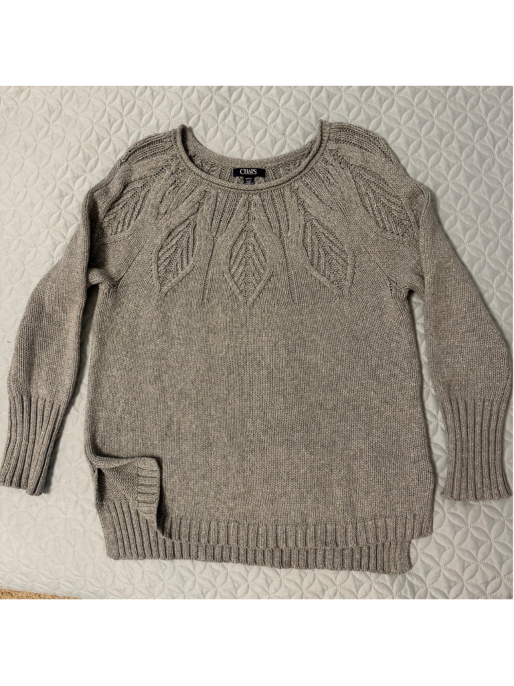 Women's Chaps Classic Knit Sweater Small Pearl Gray Silver Sparkle Cable Leaf